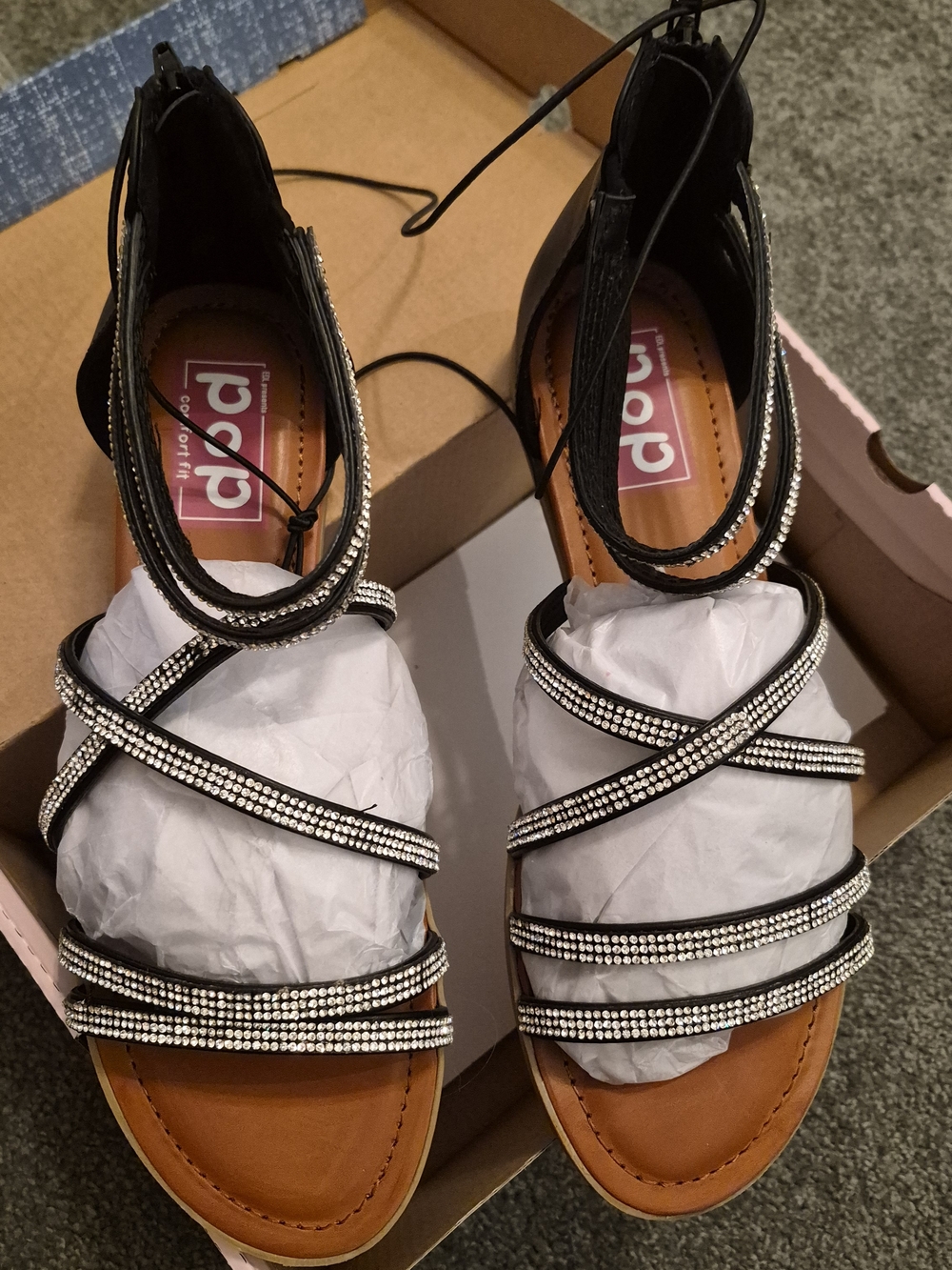 pop Black Rhinestone Crisscross Sandals with Tan Footbed